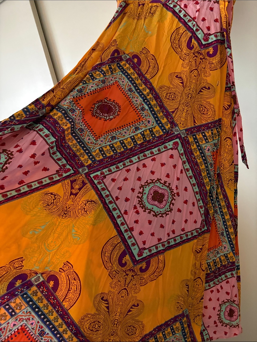 2 piece Bohemian Tie-Front cropped blouse with maxi wrap skirt in Pink & Orange - Picture 8 of 8